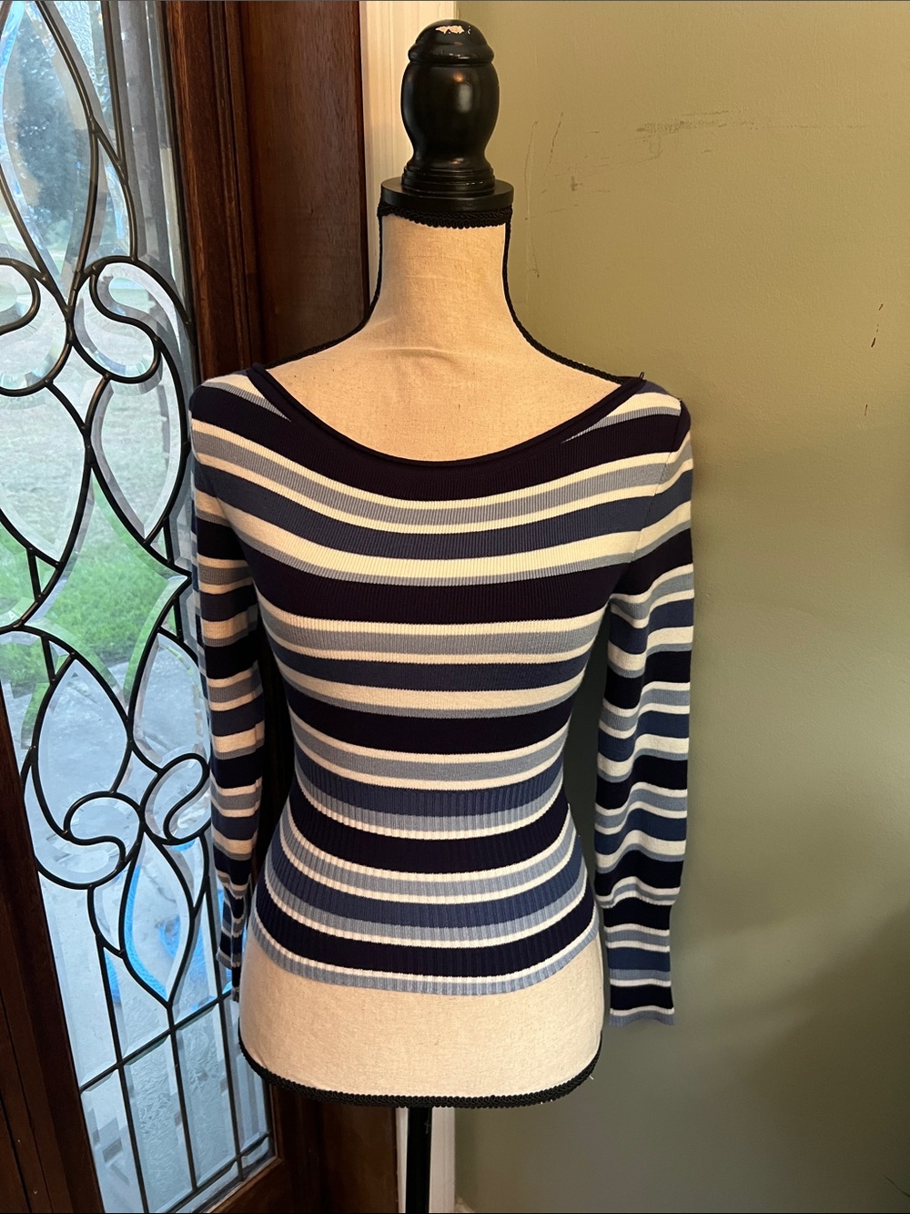 Pink Rose Navy and White Striped Scoop-Neck Sweater